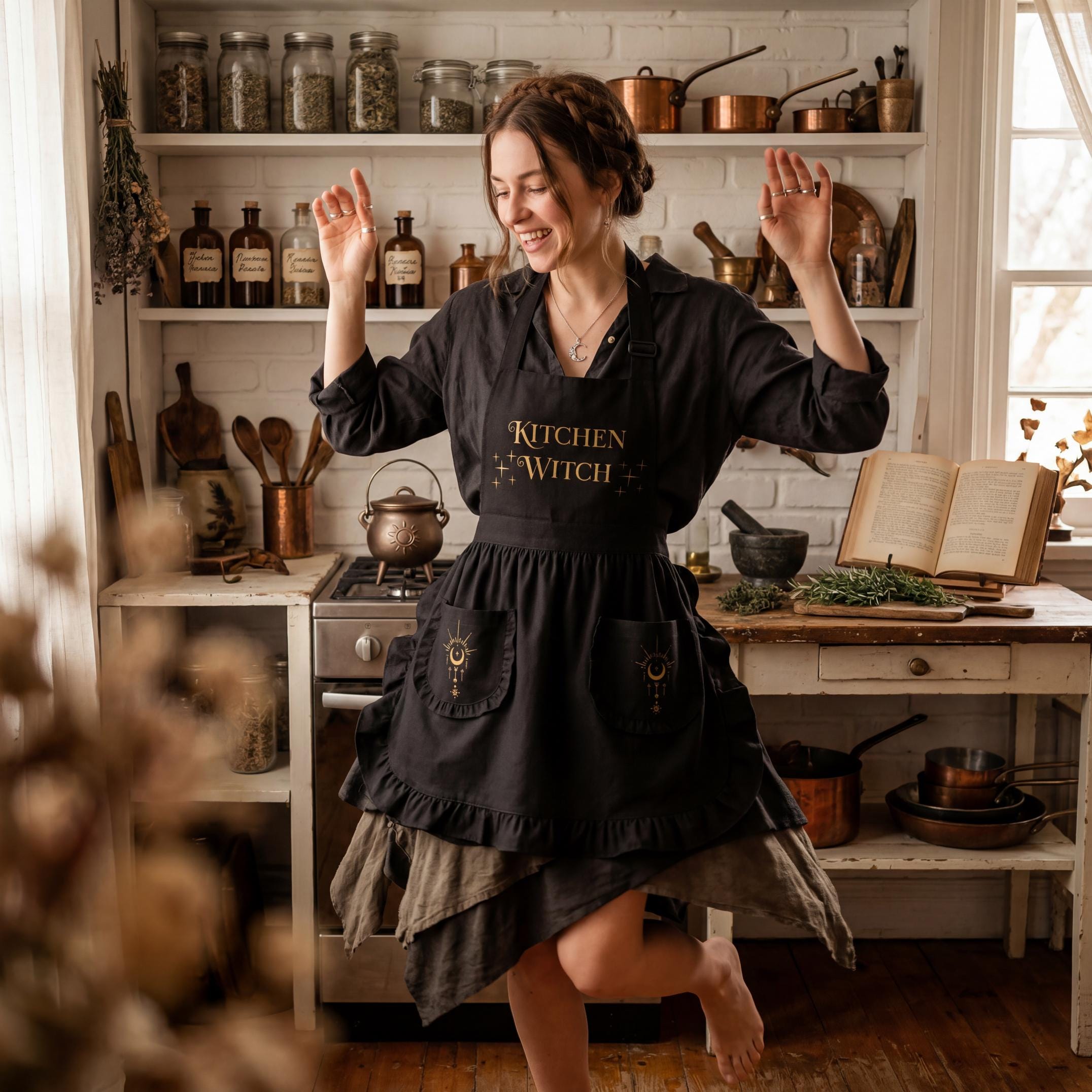 Kitchen Witch Ruffled Apron - Gothic Decor, Witchy Kitchen