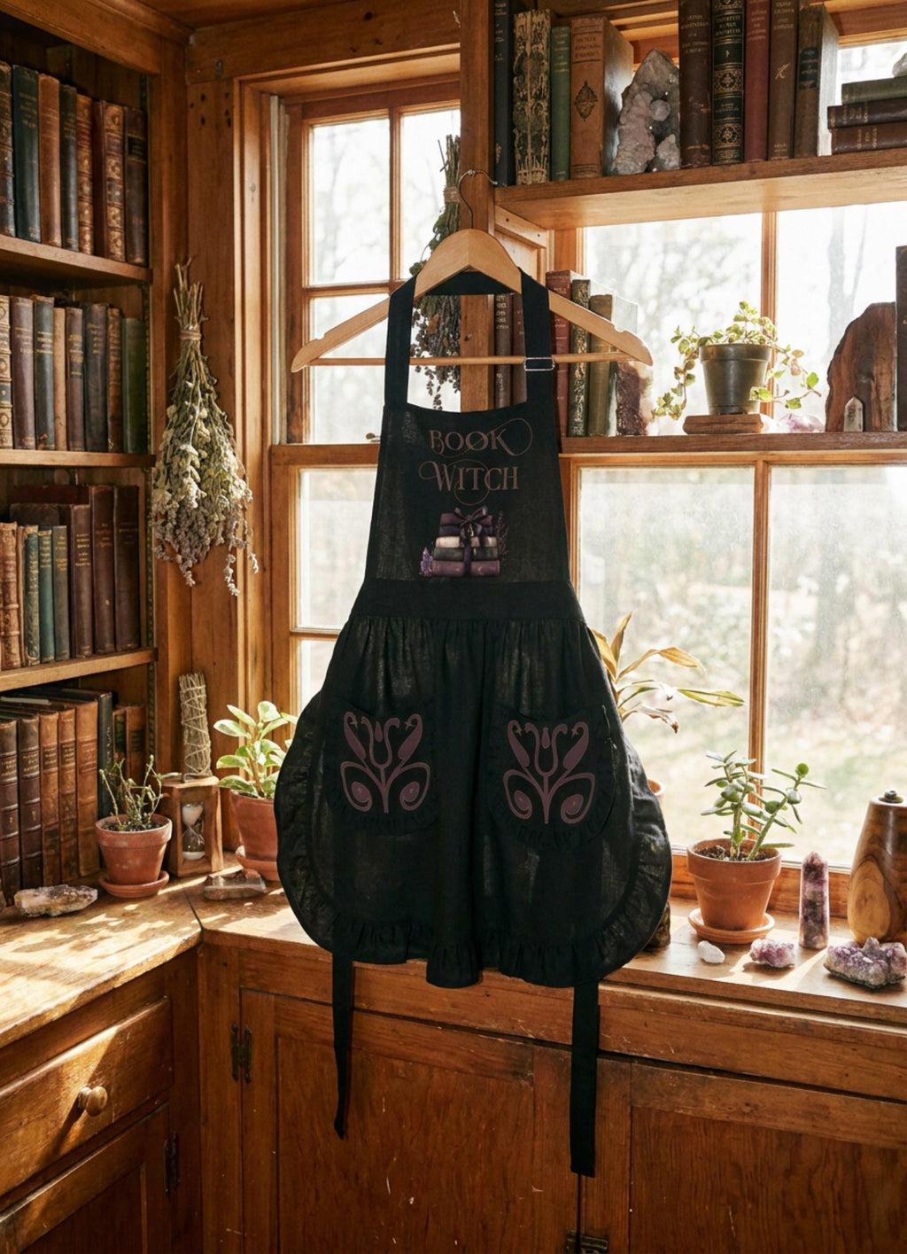 Dark Academia Bookish Apron with Ruffles, Library Aesthetic Kitchen Apron for Women, Bibliophile Gift, Vintage Style Herbology Pinafore