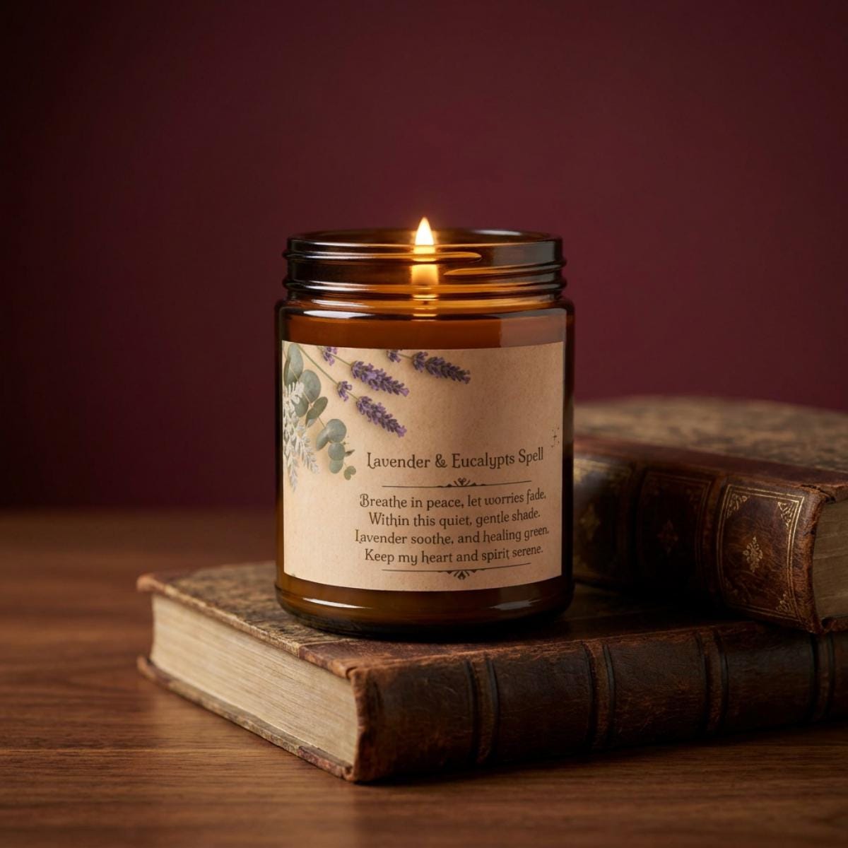 Eucalyptus Lavender Aromatherapy Soy Spell Candle - Healing Herb Aesthetic Crystal Candle, Long Lasting Relaxing Gift, Amber Jar