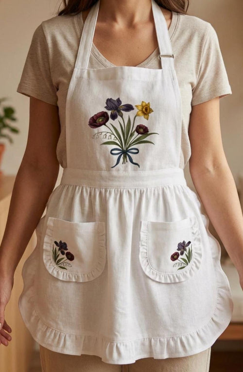 Dark Iris Ruffled Apron - Whimsigoth Kitchen Decor - Moody Cottagecore Floral Pinafore with Pockets - 90s Witchy Aesthetic Gift