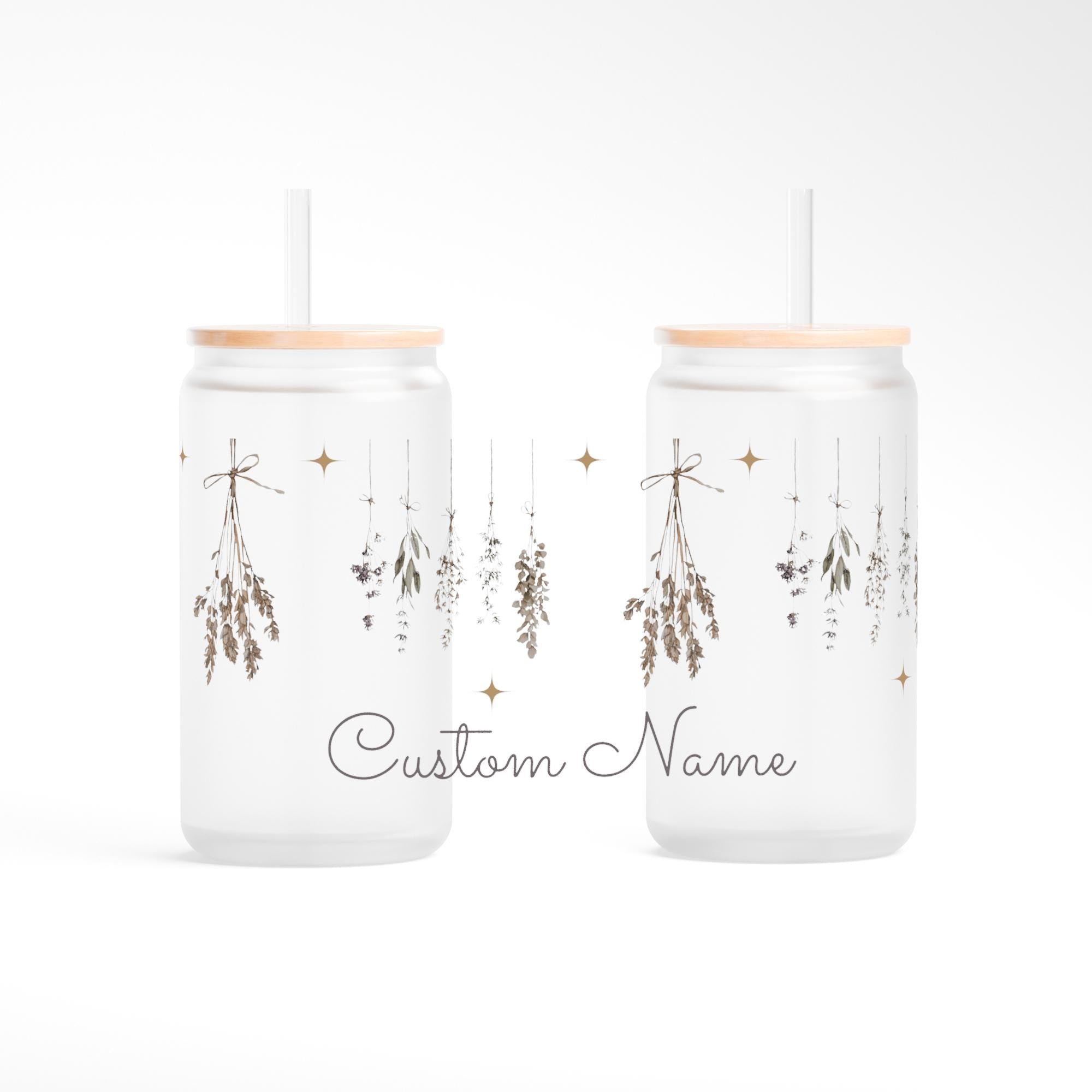 Personalized Hanging Herbs Frosted Glass Tumbler, Whimsigoth Iced Coffee Cup with Bamboo Lid, Moody Cottagecore Botanical Gift for Her, 16oz