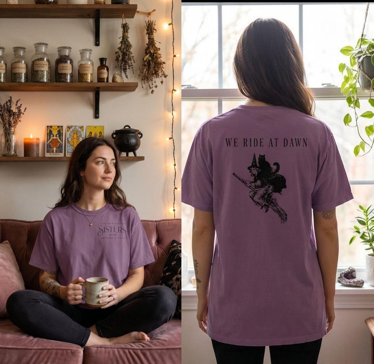 We Ride at Dawn Witch Cat T-shirt – Vintage Style Garment Dyed Tee – Spooky Aesthetic Comfort Colors Shirt – Whimsical Sisterhood Top