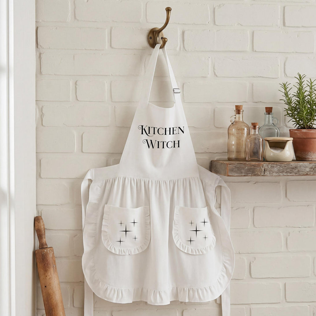 Celestial Witch Ruffled Apron Starry Wiccan Decor Pink & White Witchy Gift 90s Movie Magic Inspired Astrology Cooking Kitchen Witch