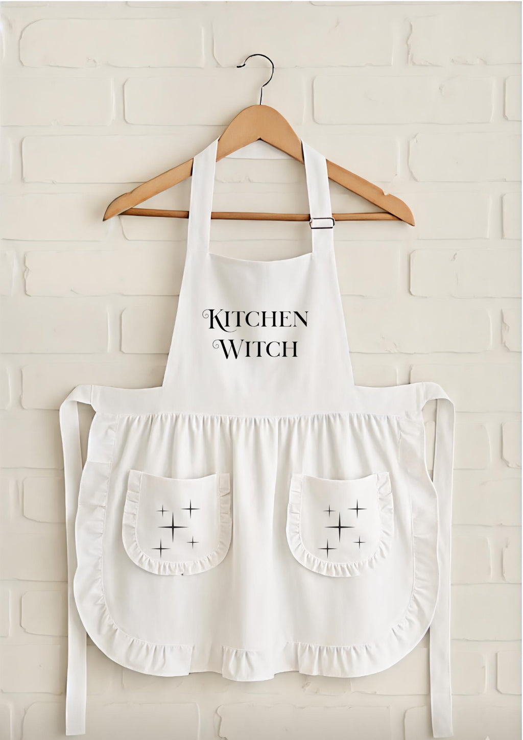 Celestial Witch Ruffled Apron Starry Wiccan Decor Pink & White Witchy Gift 90s Movie Magic Inspired Astrology Cooking Kitchen Witch