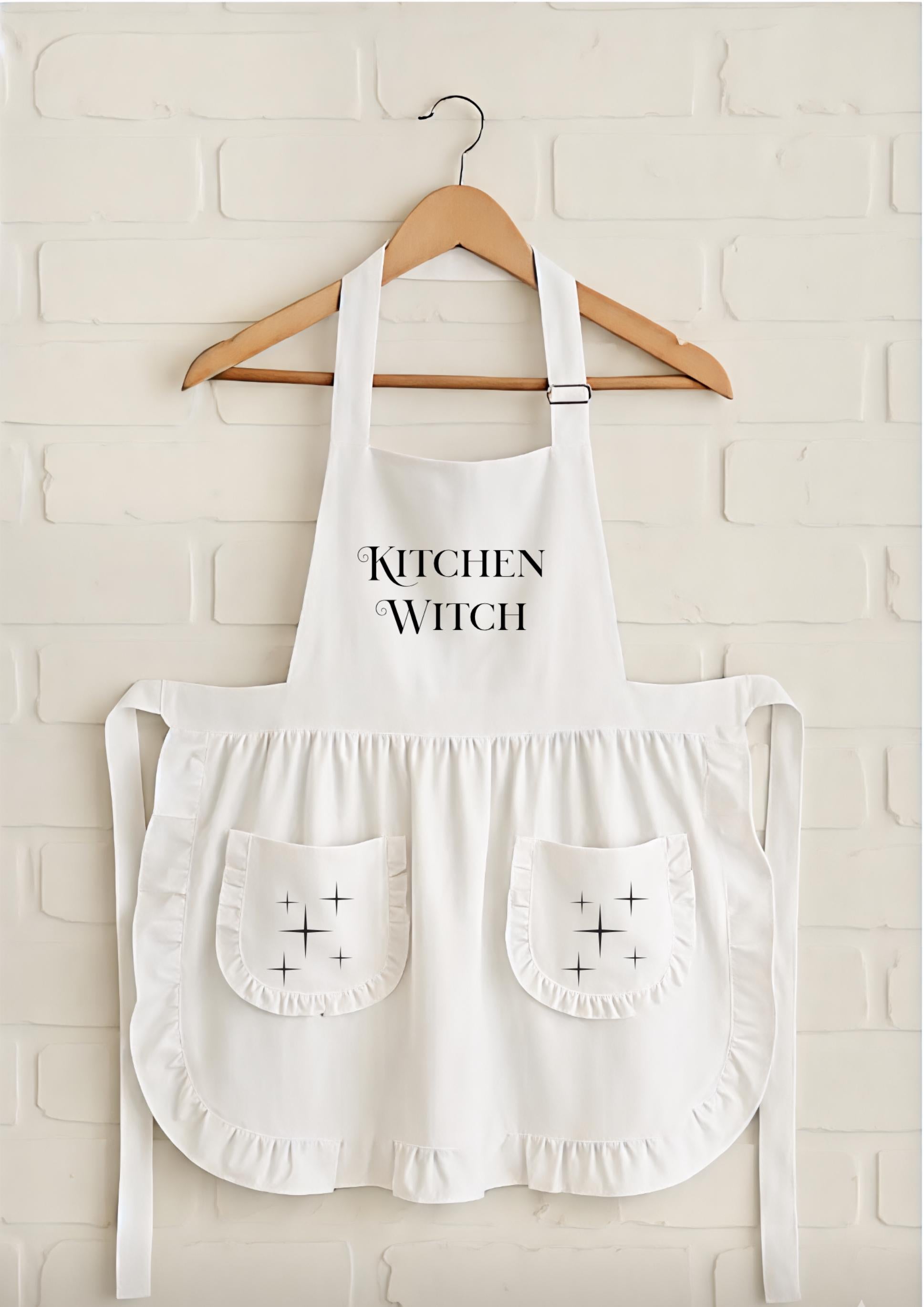 Celestial Witch Ruffled Apron Starry Wiccan Decor Pink & White Witchy Gift 90s Movie Magic Inspired Astrology Cooking Kitchen Witch