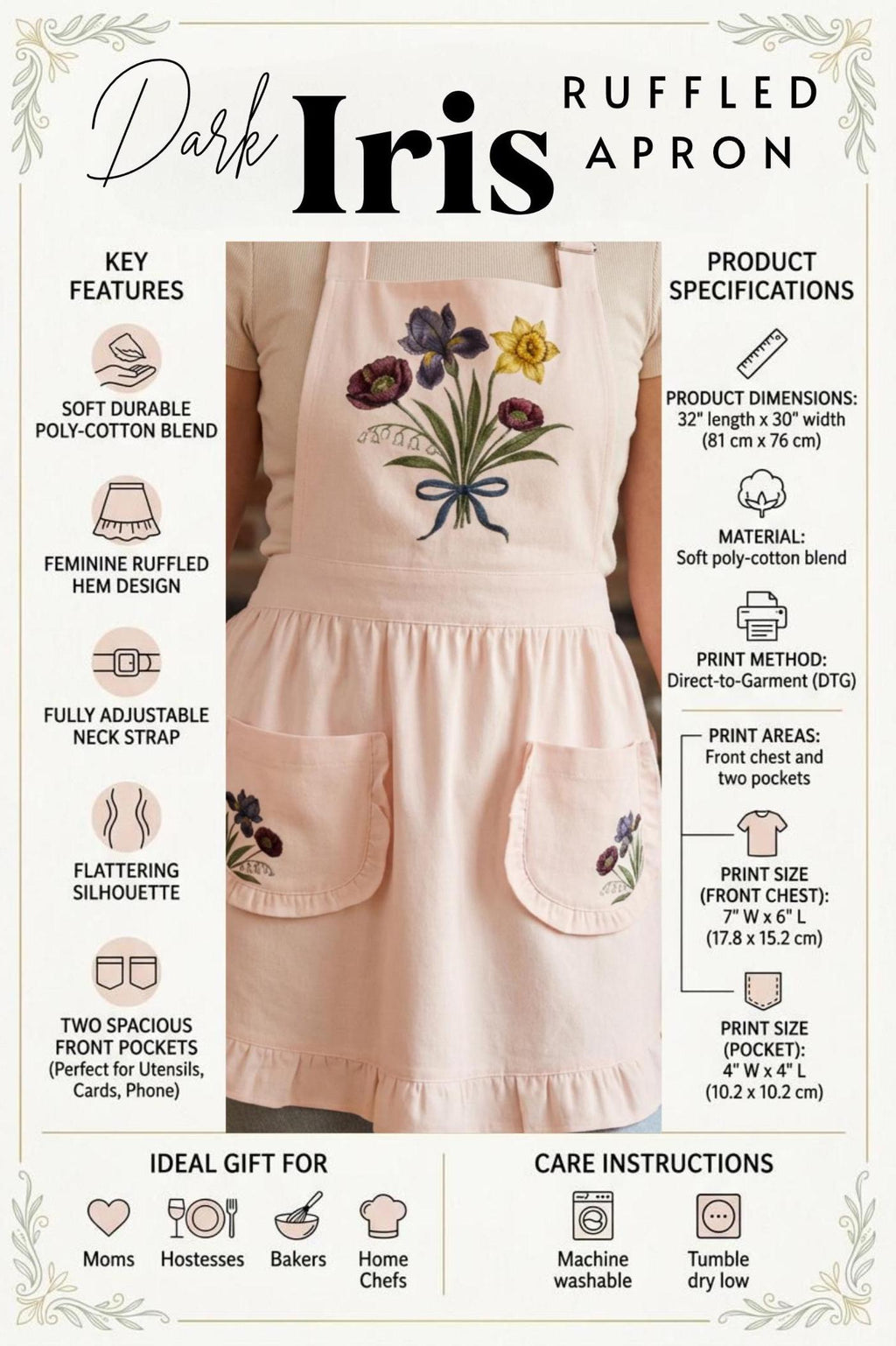 Dark Iris Ruffled Apron - Whimsigoth Kitchen Decor - Moody Cottagecore Floral Pinafore with Pockets - 90s Witchy Aesthetic Gift
